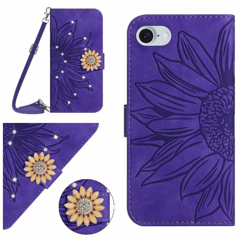 ( Violet) Case For Iphone 16E With Card Slot Stand Kickstand Protective Sunflower With A Long Lanyard Leather Wallet Dark 764549439256