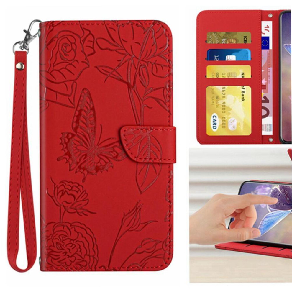 (Red) Flip Case For Iphone 16E Flowers And Butterflies Anti-Drop Protection Shockproof Leather Case With Wrist Strap Pu Leather Flip Cover Red 764549439263