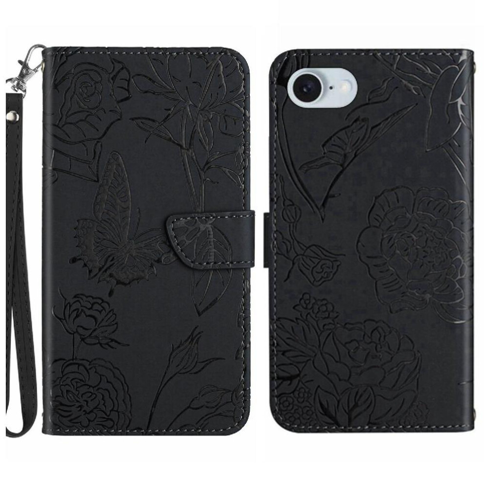 (Black) Flip Case For Iphone 16E Flowers And Butterflies Anti-Drop Protection Shockproof Leather Case With Wrist Strap Pu Leather Flip Cover Black 764549439300