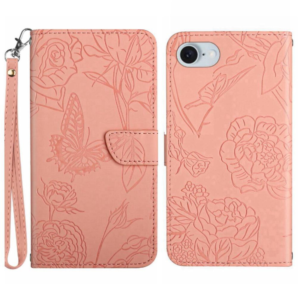 (Pink) Flip Case For Iphone 16E Flowers And Butterflies Anti-Drop Protection Shockproof Leather Case With Wrist Strap Pu Leather Flip Cover Pink 764549439270
