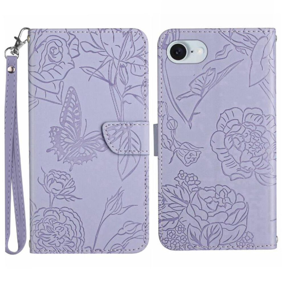 (Purple) Flip Case For Iphone 16E Flowers And Butterflies Anti-Drop Protection Shockproof Leather Case With Wrist Strap Pu Leather Flip Cover Purple 764549439294