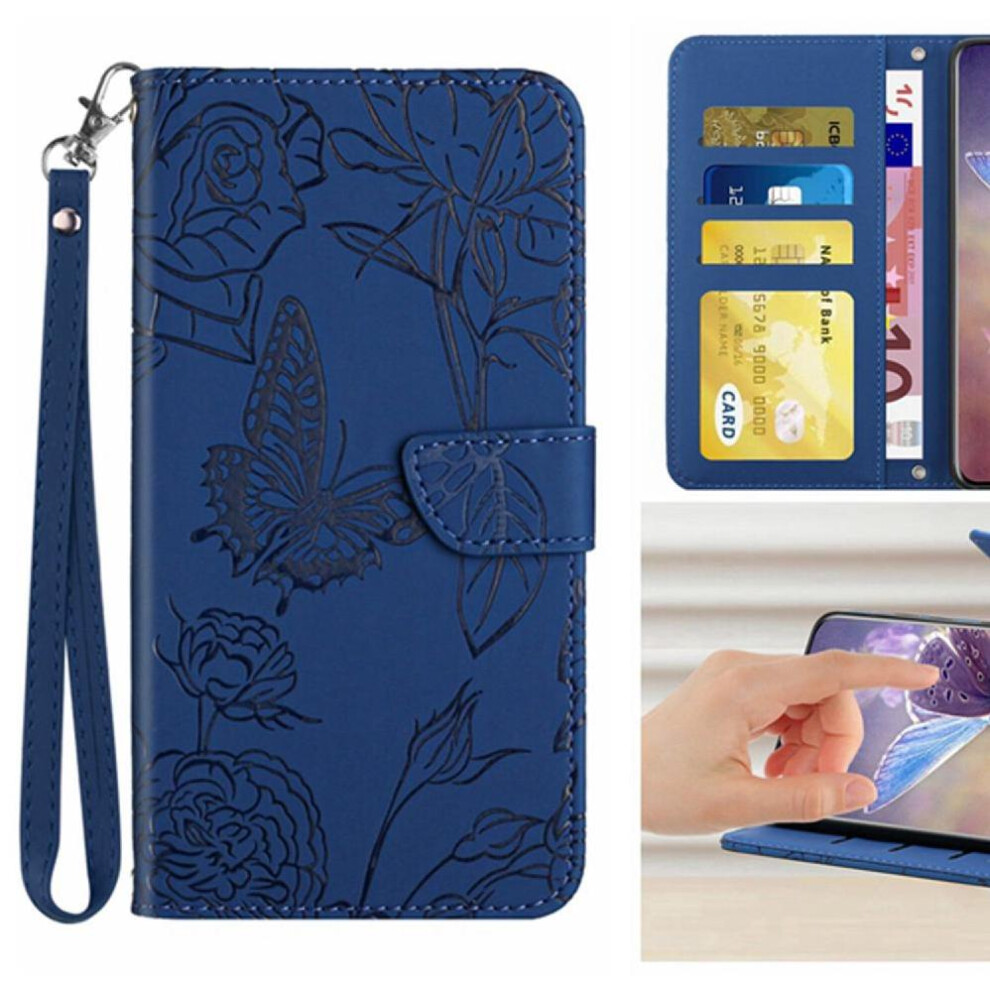 (Blue) Flip Case For Iphone 16E Flowers And Butterflies Anti-Drop Protection Shockproof Leather Case With Wrist Strap Pu Leather Flip Cover Blue 764549439287