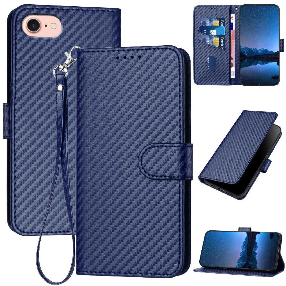(Blue) Flip Case For Iphone 16E Premium Leather Carbon Fiber Surface With Detachable Hand Strap With Card Slot And Kickstand Blue 764549440139