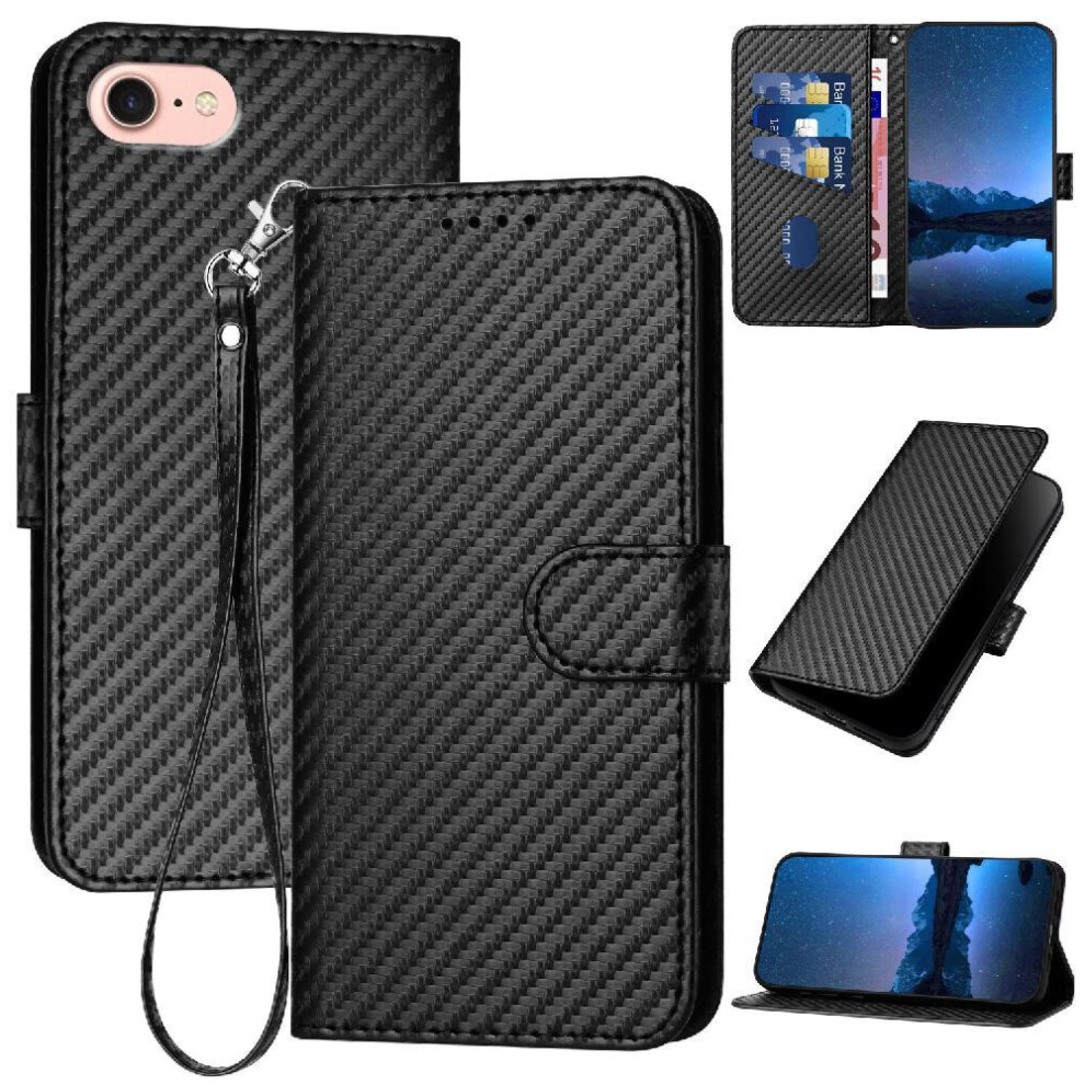 (Black) Flip Case For Iphone 16E Premium Leather Carbon Fiber Surface With Detachable Hand Strap With Card Slot And Kickstand Black 764549440160