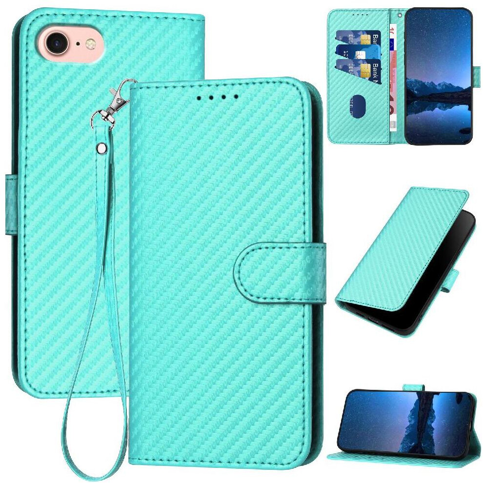 (Green) Flip Case For Iphone 16E Premium Leather Carbon Fiber Surface With Detachable Hand Strap With Card Slot And Kickstand Green 764549440122