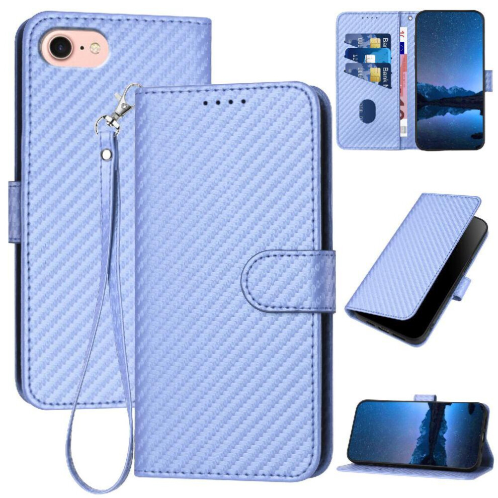 (Purple) Flip Case For Iphone 16E Premium Leather Carbon Fiber Surface With Detachable Hand Strap With Card Slot And Kickstand Purple 764549440153