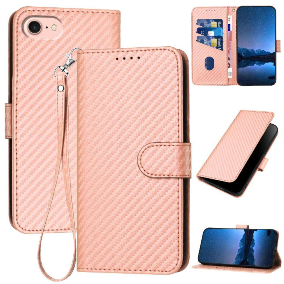 (Pink) Flip Case For Iphone 16E Premium Leather Carbon Fiber Surface With Detachable Hand Strap With Card Slot And Kickstand Pink 764549440177