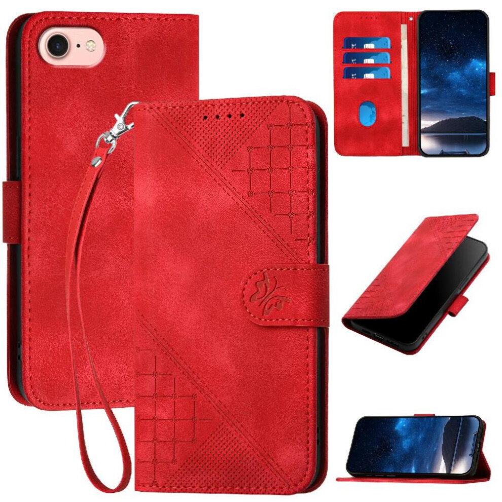 (Red) Flip Case For Iphone 16E Embossed Butterfly And Credit Card Slot High Quality Leather Phone Case With Detachable Hand Strap Red 764549440207