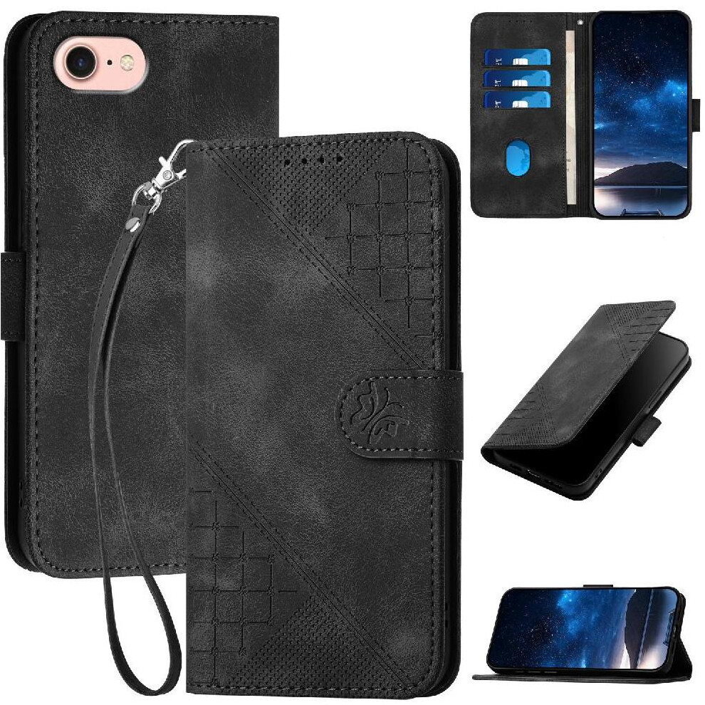 (Black) Flip Case For Iphone 16E Embossed Butterfly And Credit Card Slot High Quality Leather Phone Case With Detachable Hand Strap Black 764549440214