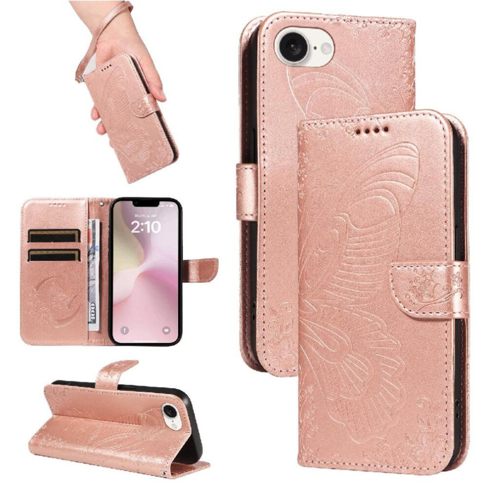 (Pink) Flip Case For Iphone 16E Embossed Butterfly With Credit Card Slot High Quality Leather Detachable Hand Strap Pink 764549440337