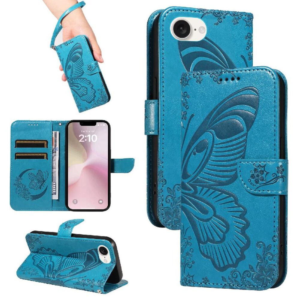 (Blue) Flip Case For Iphone 16E Embossed Butterfly With Credit Card Slot High Quality Leather Detachable Hand Strap Blue 764549440382