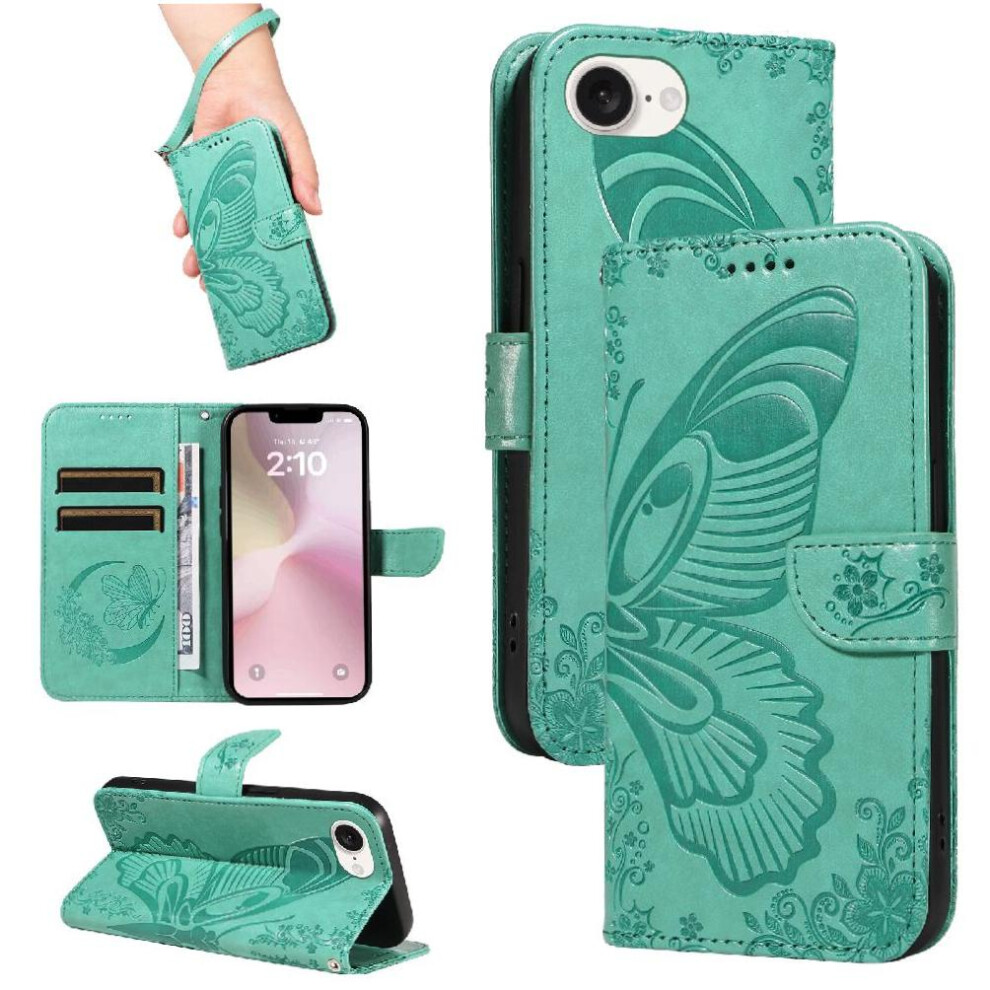 (Green) Flip Case For Iphone 16E Embossed Butterfly With Credit Card Slot High Quality Leather Detachable Hand Strap Green 764549440344