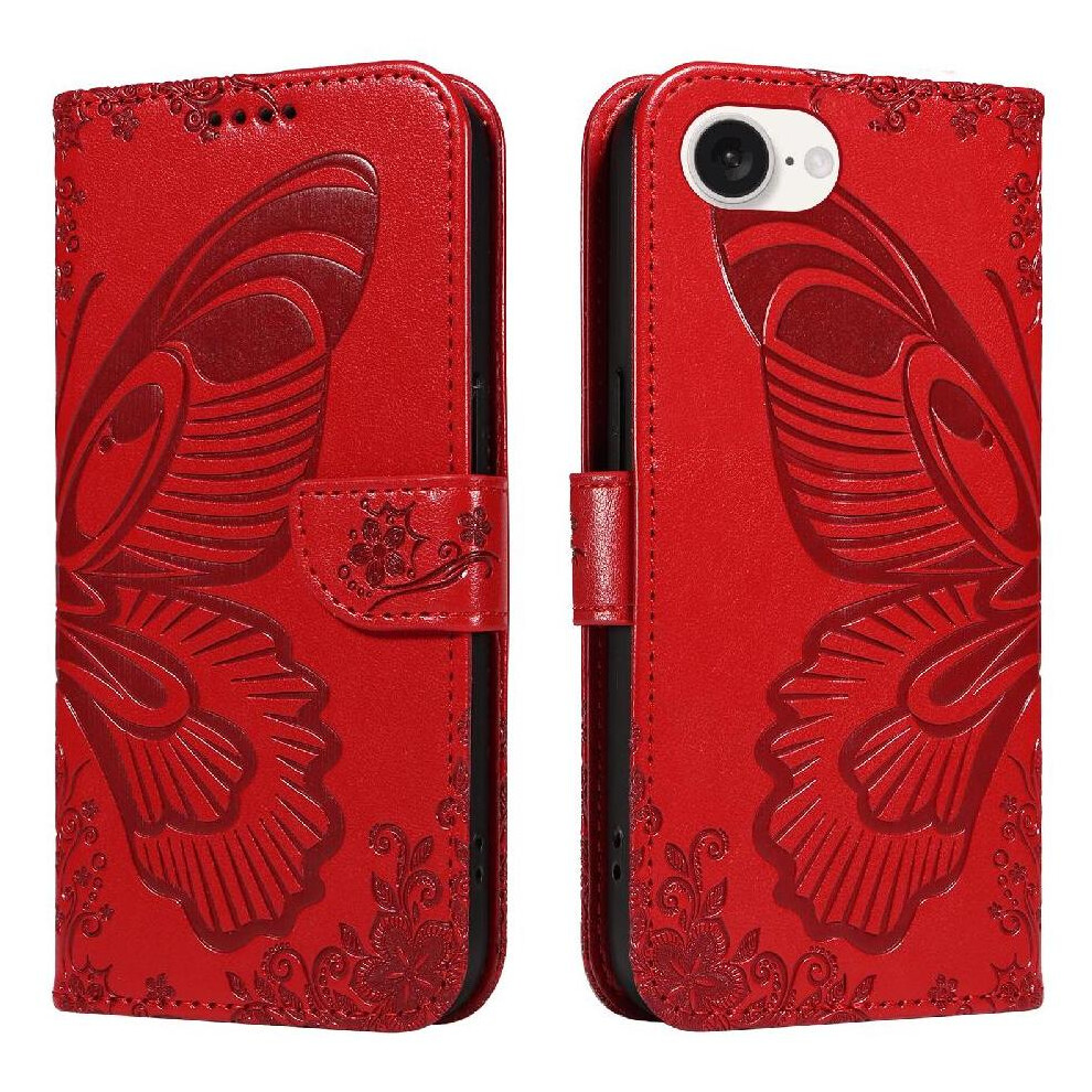 (Red) Flip Case For Iphone 16E Embossed Butterfly With Credit Card Slot High Quality Leather Detachable Hand Strap Red 764549440375