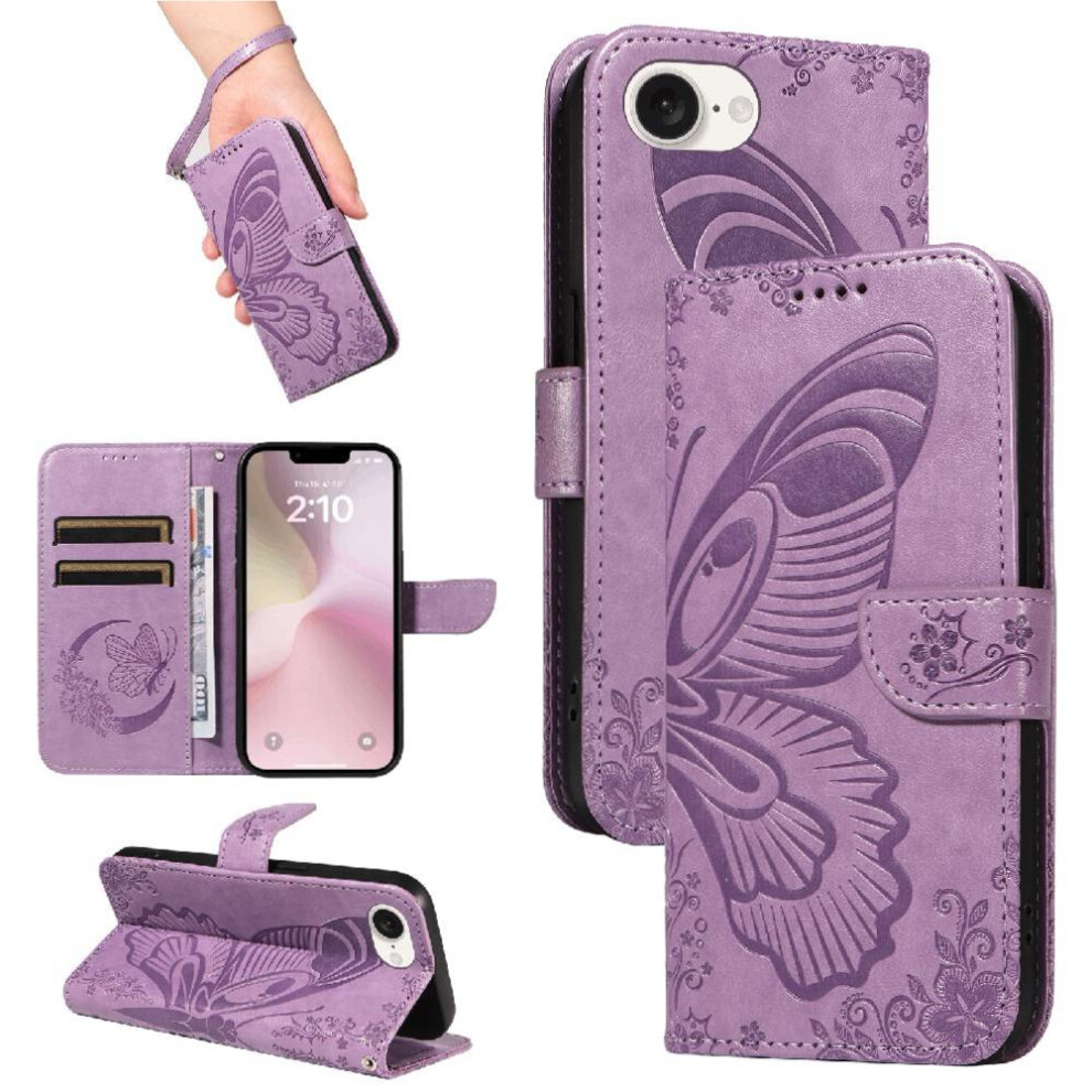 (Purple) Flip Case For Iphone 16E Embossed Butterfly With Credit Card Slot High Quality Leather Detachable Hand Strap Purple 764549440368