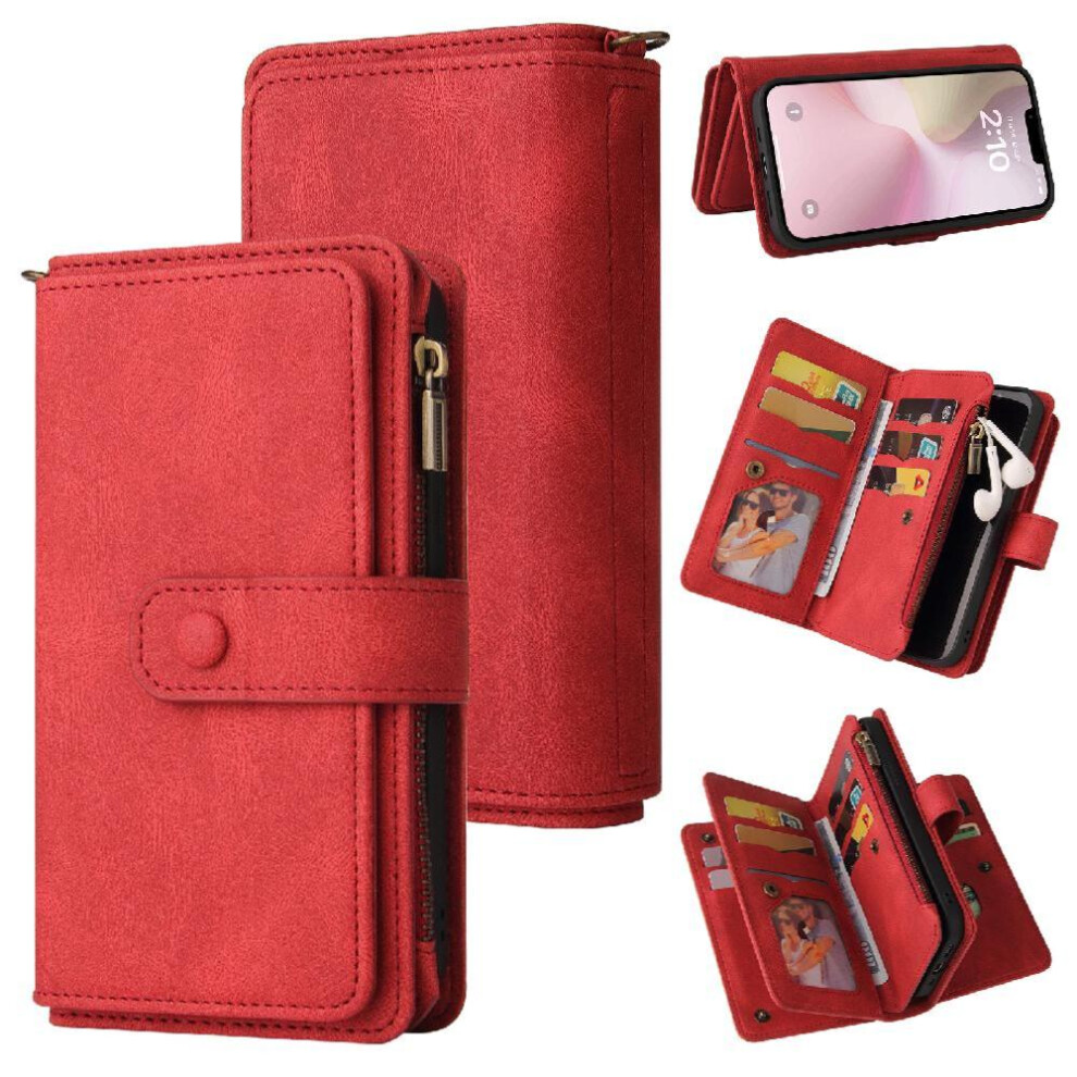 (Red) Wallet Phone Case For Iphone 16E Fifteen Card Slots Pu Leather Magnetic Closure Zipper Poket With Card Slot Stand Red 764549440412