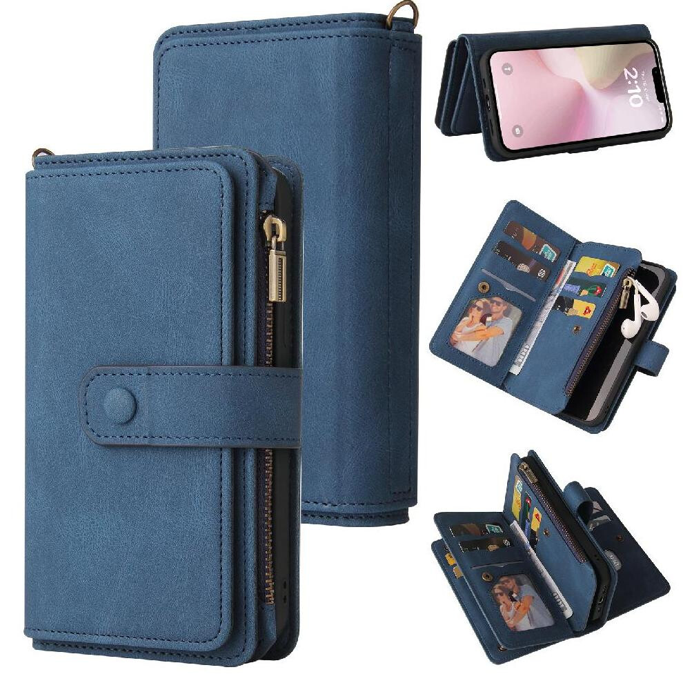 (Blue) Wallet Phone Case For Iphone 16E Fifteen Card Slots Pu Leather Magnetic Closure Zipper Poket With Card Slot Stand Blue 764549440399