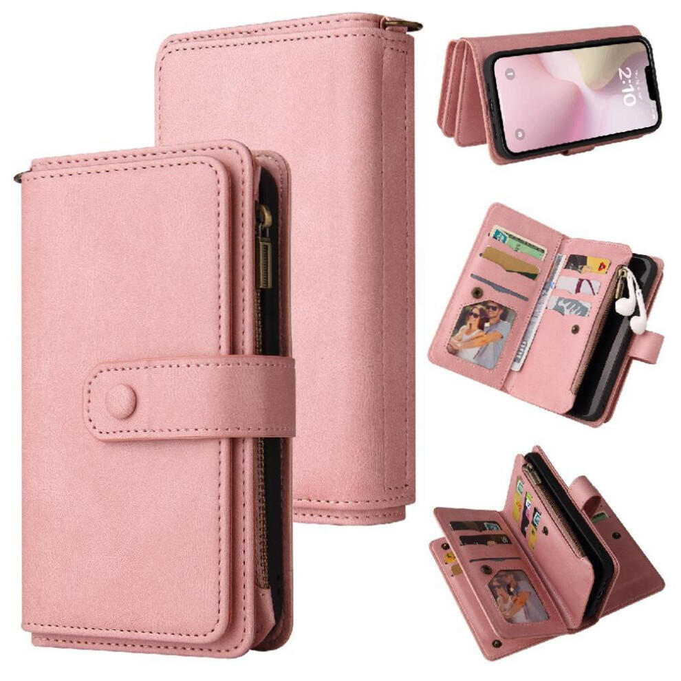 (Pink) Wallet Phone Case For Iphone 16E Fifteen Card Slots Pu Leather Magnetic Closure Zipper Poket With Card Slot Stand Pink 764549440405