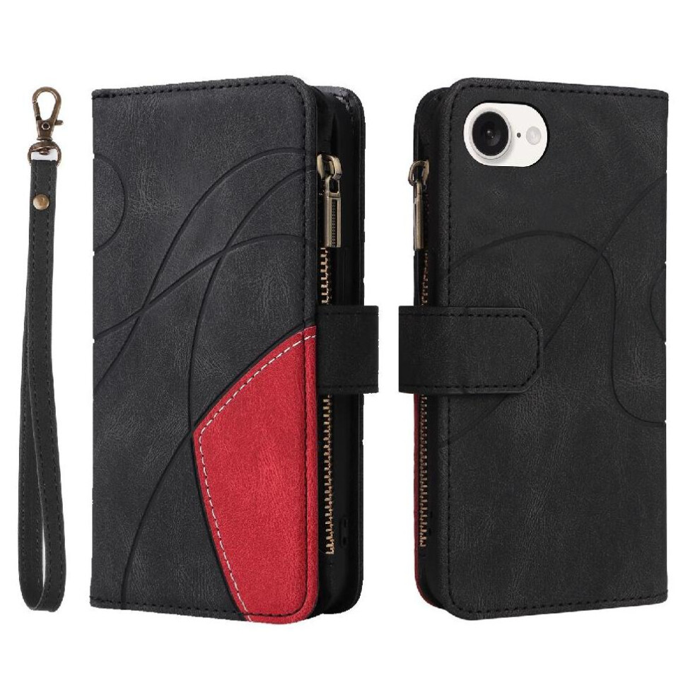(Black) Case For Iphone 16E Nine Card Slots Kickstand Protective With Card Slot Stand Zipper Wallet Style Two-Color Stitching Black 764549440436
