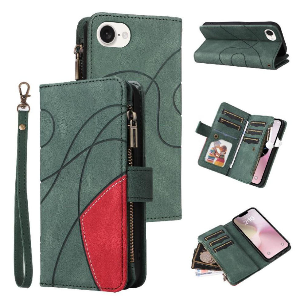 (Green) Case For Iphone 16E Nine Card Slots Kickstand Protective With Card Slot Stand Zipper Wallet Style Two-Color Stitching Green 764549440467