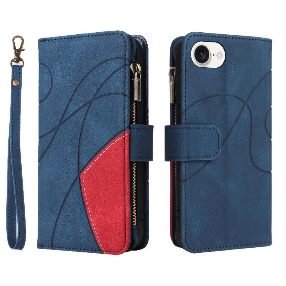 (Blue) Case For Iphone 16E Nine Card Slots Kickstand Protective With Card Slot Stand Zipper Wallet Style Two-Color Stitching Blue 764549440474