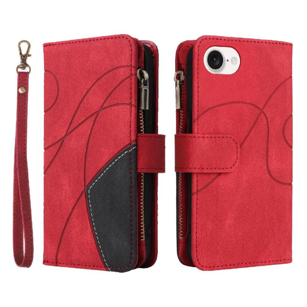 (Red) Case For Iphone 16E Nine Card Slots Kickstand Protective With Card Slot Stand Zipper Wallet Style Two-Color Stitching Red 764549440443