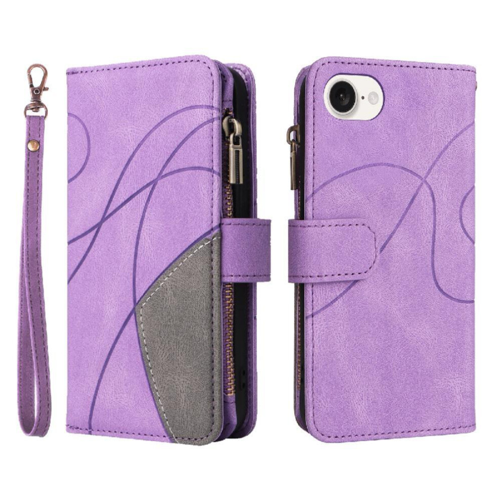 (Purple) Case For Iphone 16E Nine Card Slots Kickstand Protective With Card Slot Stand Zipper Wallet Style Two-Color Stitching Purple 764549440450