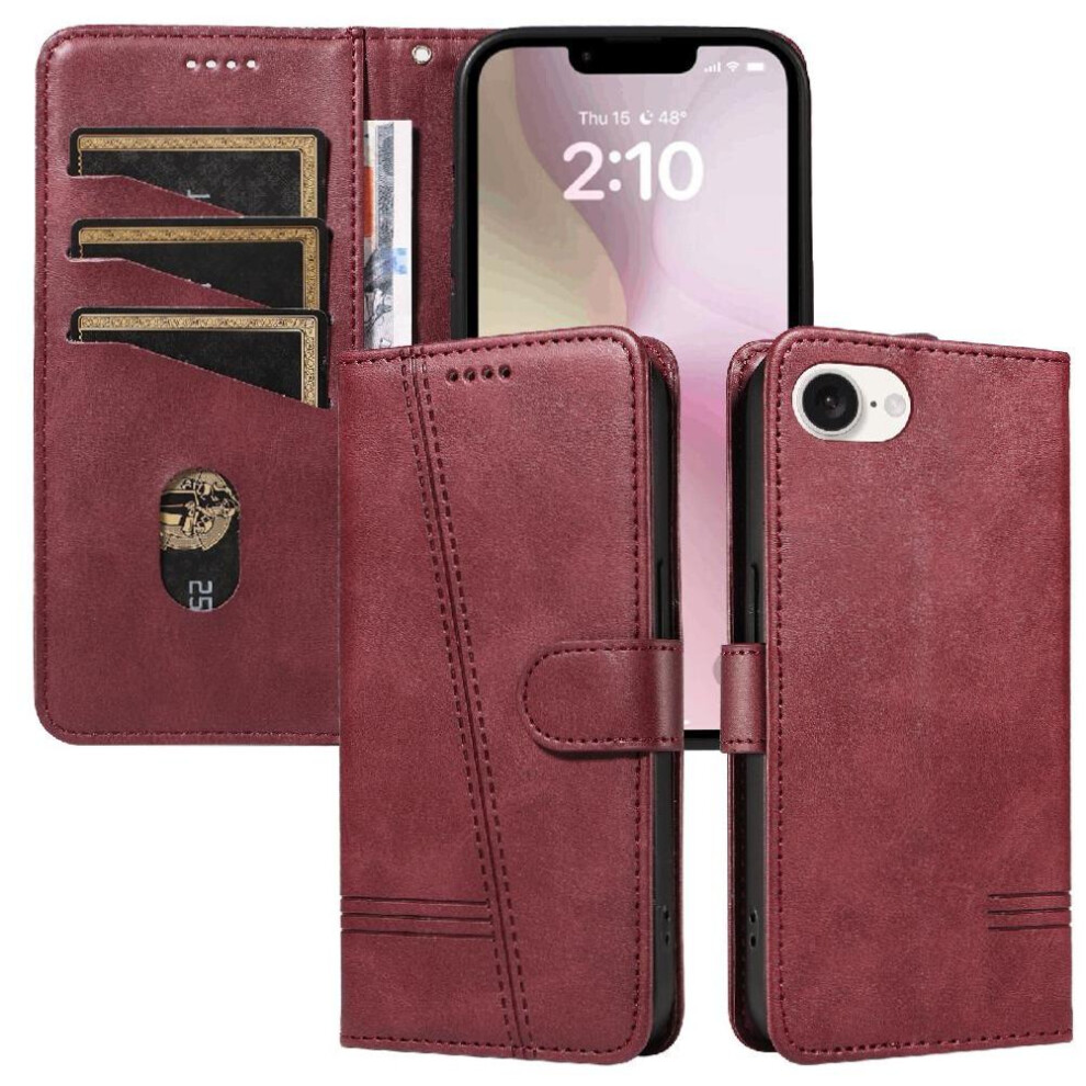 (Red) Filp Case For Iphone 16E Pressed Pu Leather Wallet Phone Case With Credit Card Slot Detachable Black Bracelet Black,Red 764549440610
