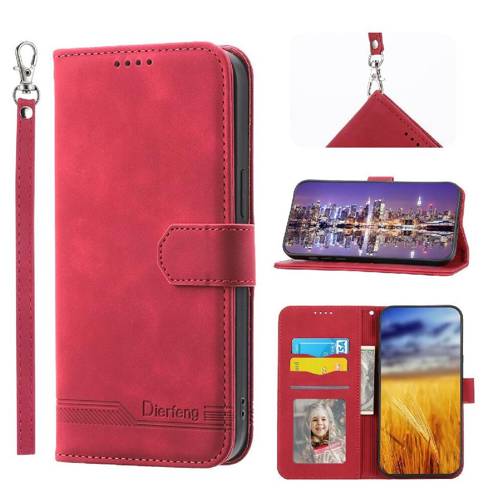 (Red) Flip Case For Iphone 16E Card Slots Premium Wristband Magnetic Closure Cash Pocket Red 764549440870