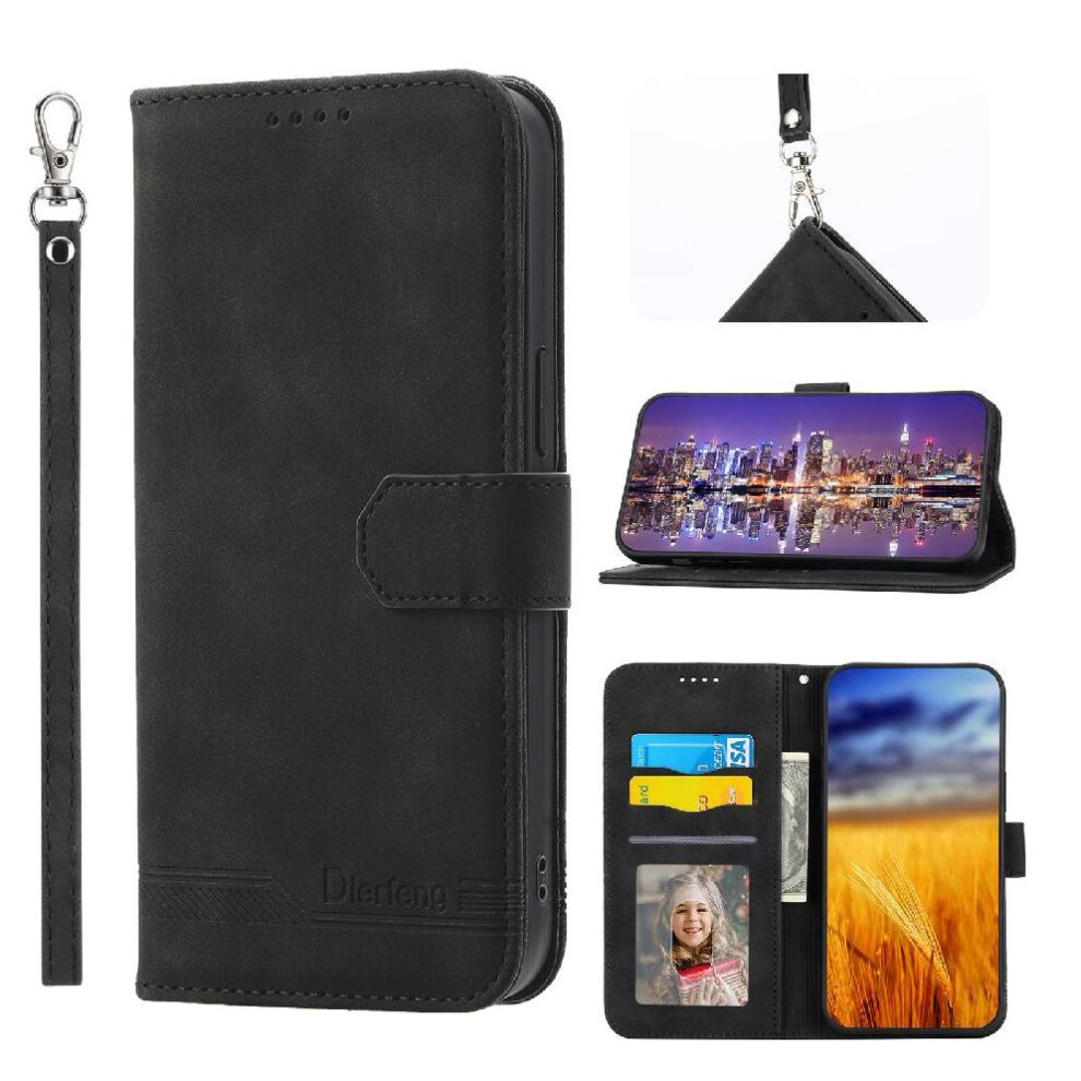 (Black) Flip Case For Iphone 16E Card Slots Premium Wristband Magnetic Closure Cash Pocket Black 764549440900