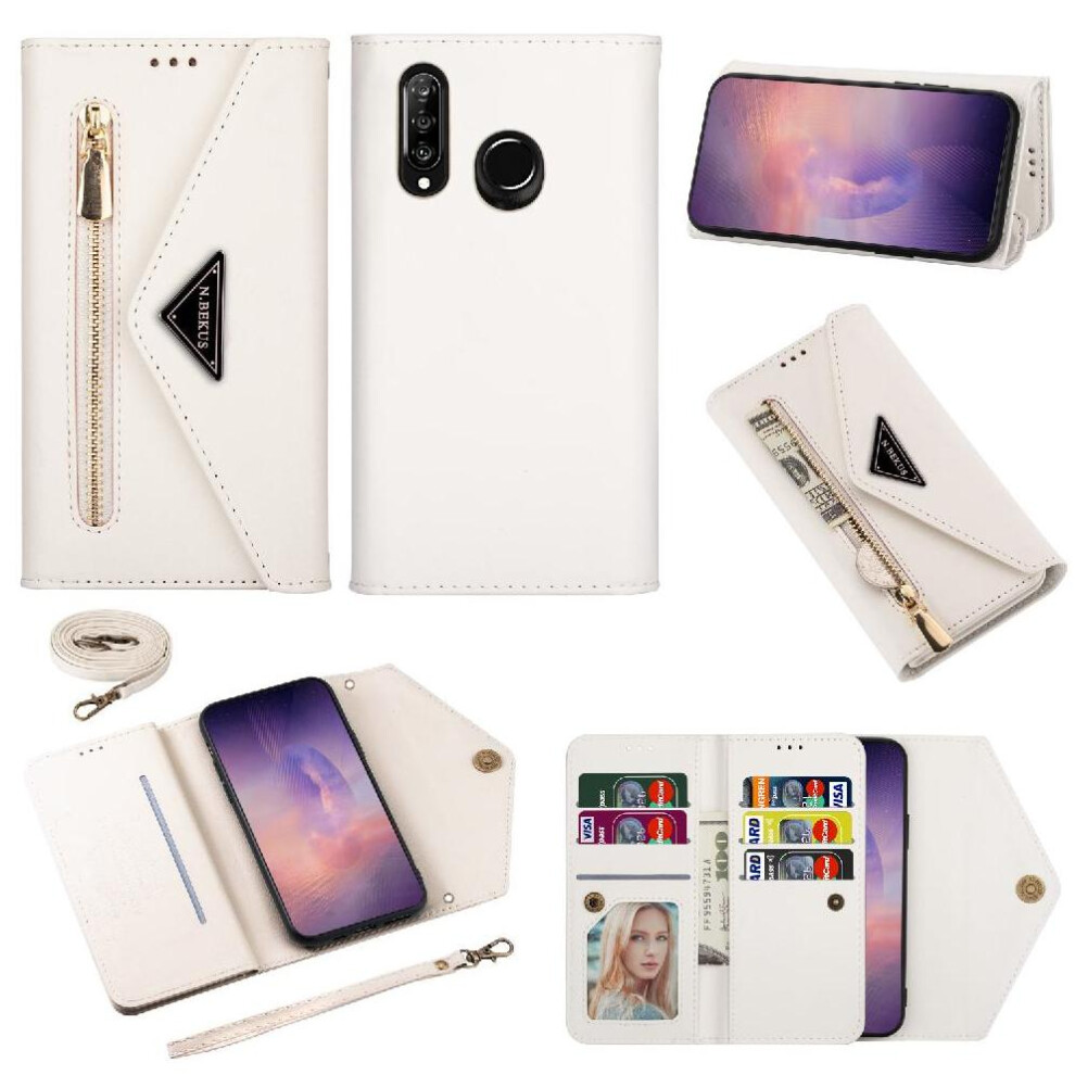 (White) Zipper Pocket Case For Huawei P30 Lite Kickstand Crossbody Strap Wrist Strap Protective Cover Shockproof White 764549444038