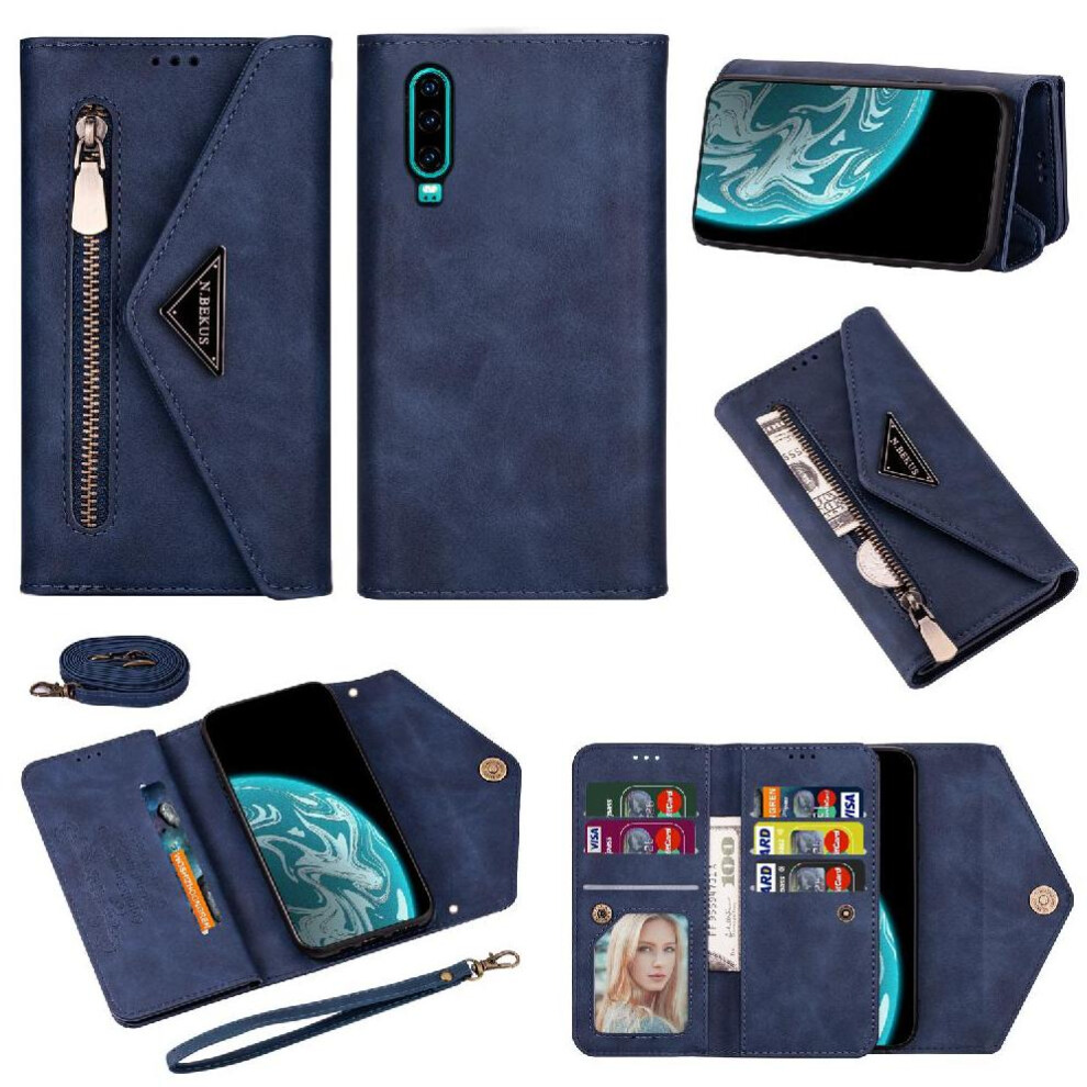 (Blue) Zipper Pocket Case For Huawei P30 Kickstand Crossbody Strap Shockproof Protective Cover Wrist Strap Blue 764549444076