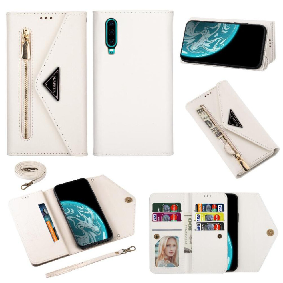 (White) Zipper Pocket Case For Huawei P30 Kickstand Crossbody Strap Shockproof Protective Cover Wrist Strap White 764549444090