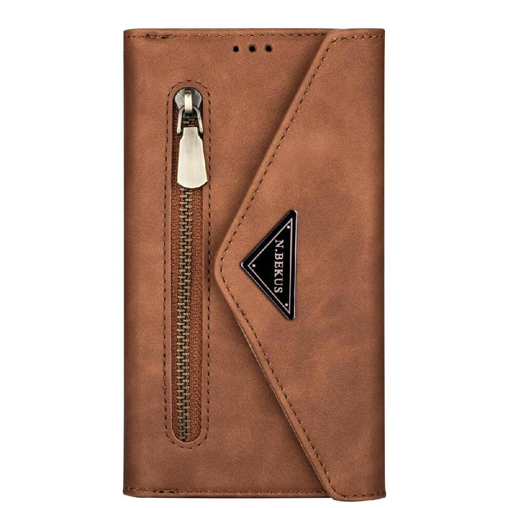 (Brown) Zipper Pocket Case For Huawei P30 Lite Kickstand Protective Cover Shockproof Wrist Strap Magnetic Closure Brown 764549444205