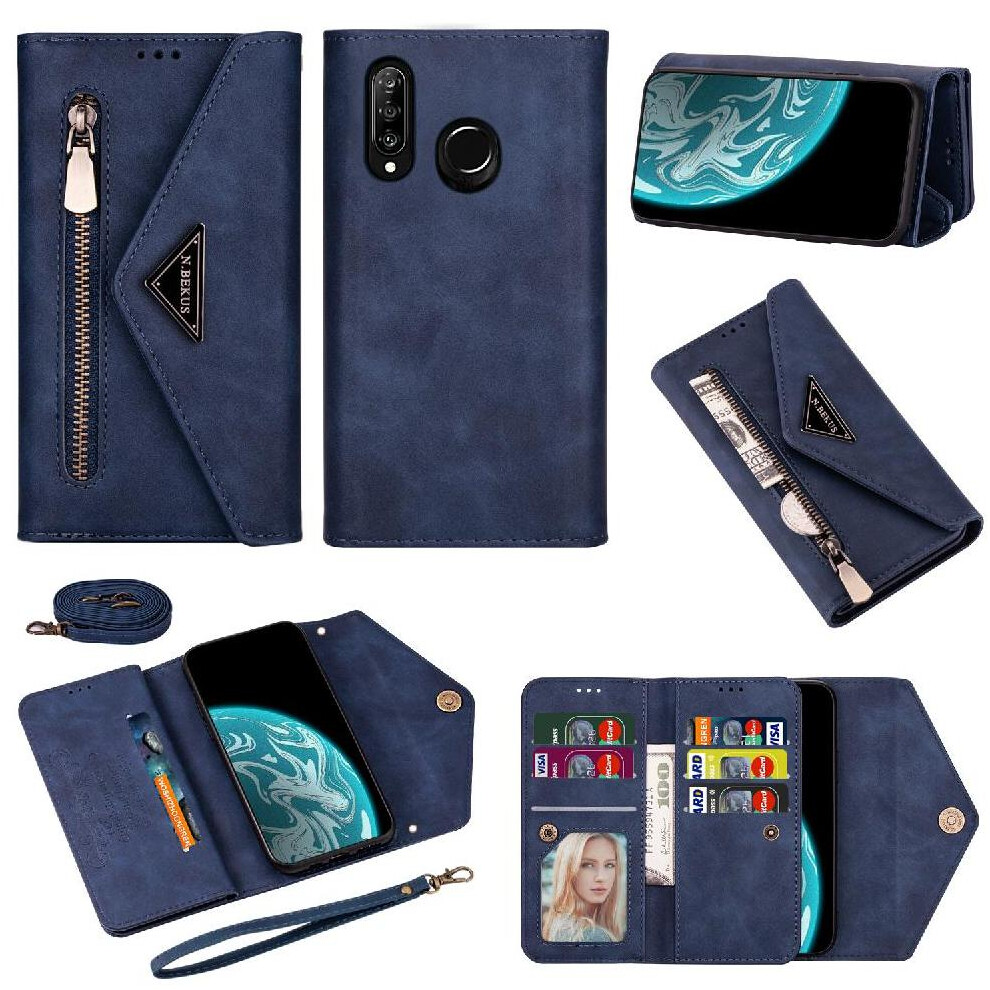 (Blue) Zipper Pocket Case For Huawei P30 Lite Kickstand Protective Cover Shockproof Wrist Strap Magnetic Closure Blue 764549444199