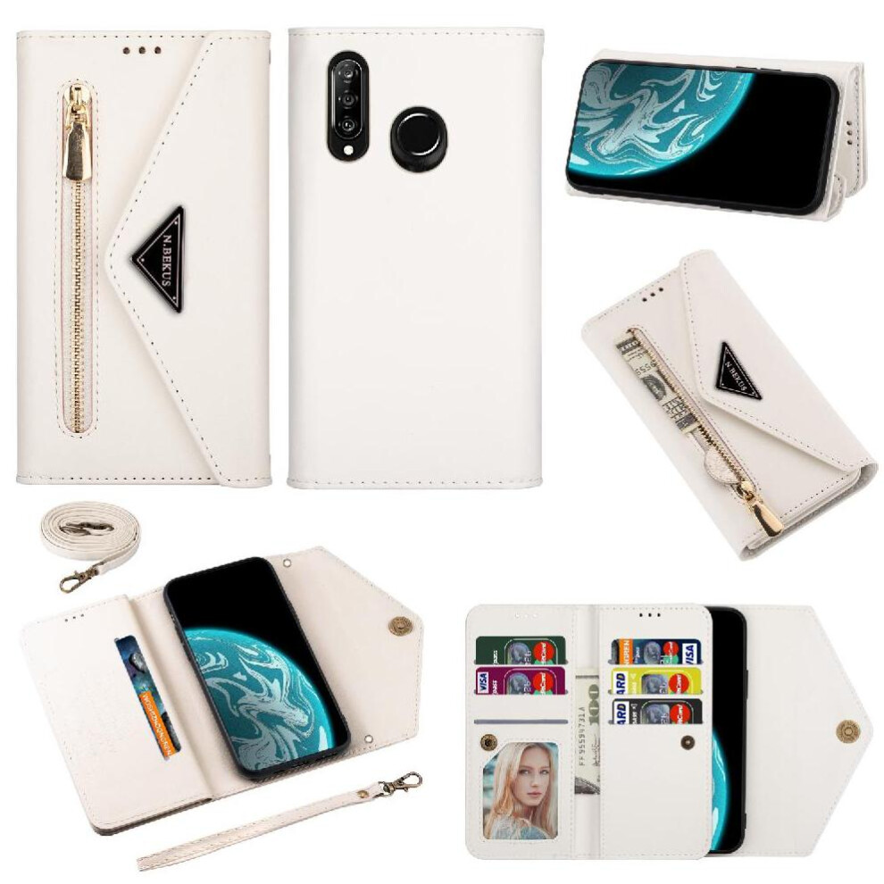 (White) Zipper Pocket Case For Huawei P30 Lite Kickstand Protective Cover Shockproof Wrist Strap Magnetic Closure White 764549444212