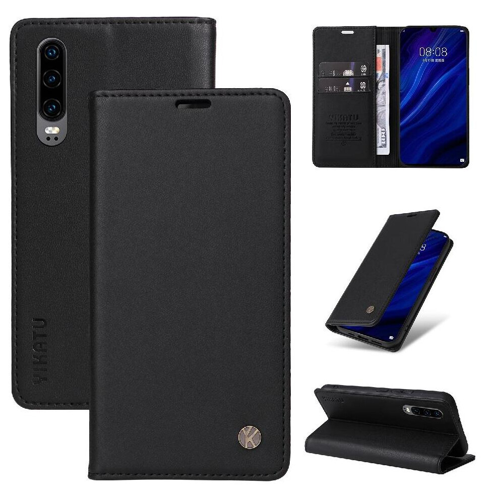 (Black) Flip Case For Huawei P30 Strong Magnetic Attraction And Stand Functionality Faux Leather And Full Matte Tpu With Card Slots Black 764549445189
