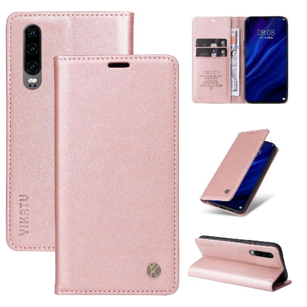 (Pink) Flip Case For Huawei P30 Strong Magnetic Attraction And Stand Functionality Faux Leather And Full Matte Tpu With Card Slots Pink 764549445202