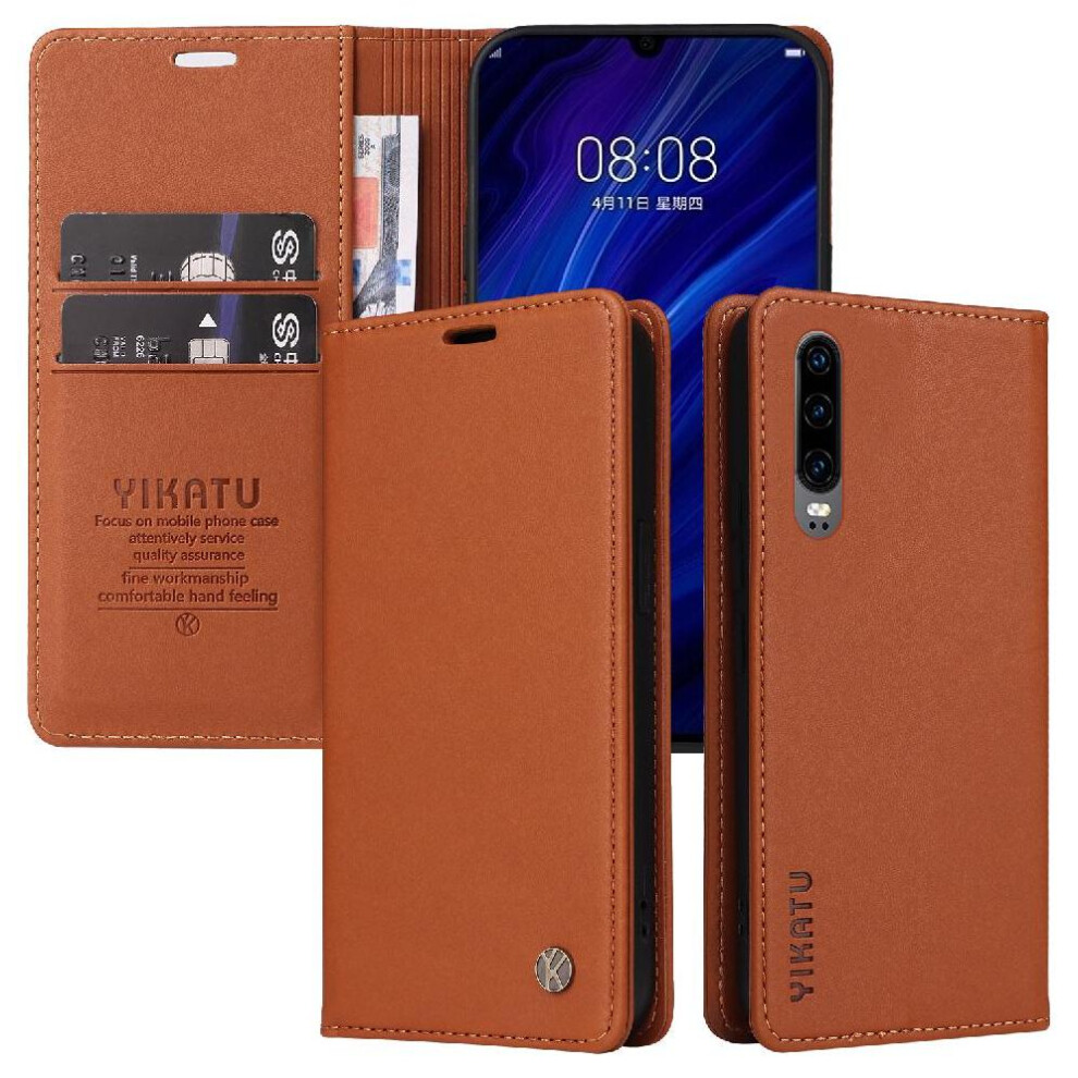 (Brown) Flip Case For Huawei P30 Strong Magnetic Attraction And Stand Functionality Faux Leather And Full Matte Tpu With Card Slots Brown 764549445226