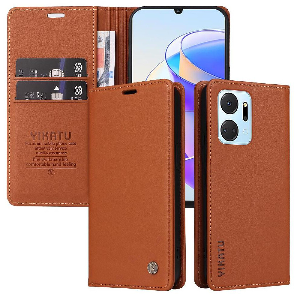 (Brown) Flip Case For Honor X7a Strong Magnetic Attraction And Stand Functionality With Card Slots Faux Leather And Full Matte Tpu Brown 764549445288