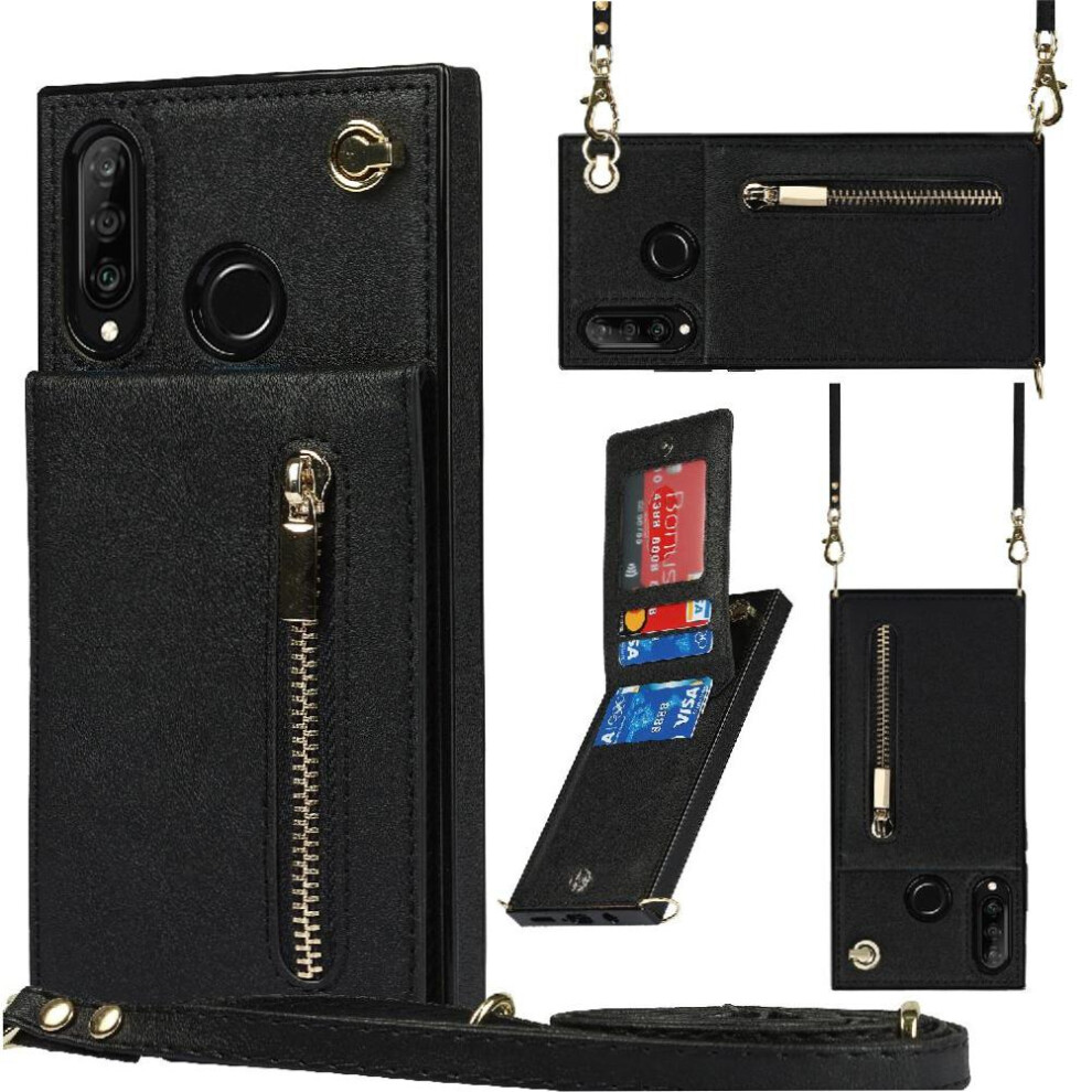 (Black) Case For Huawei P30 Lite Long Strap Holder Zipper Shockproof Wallet Black 764549445349