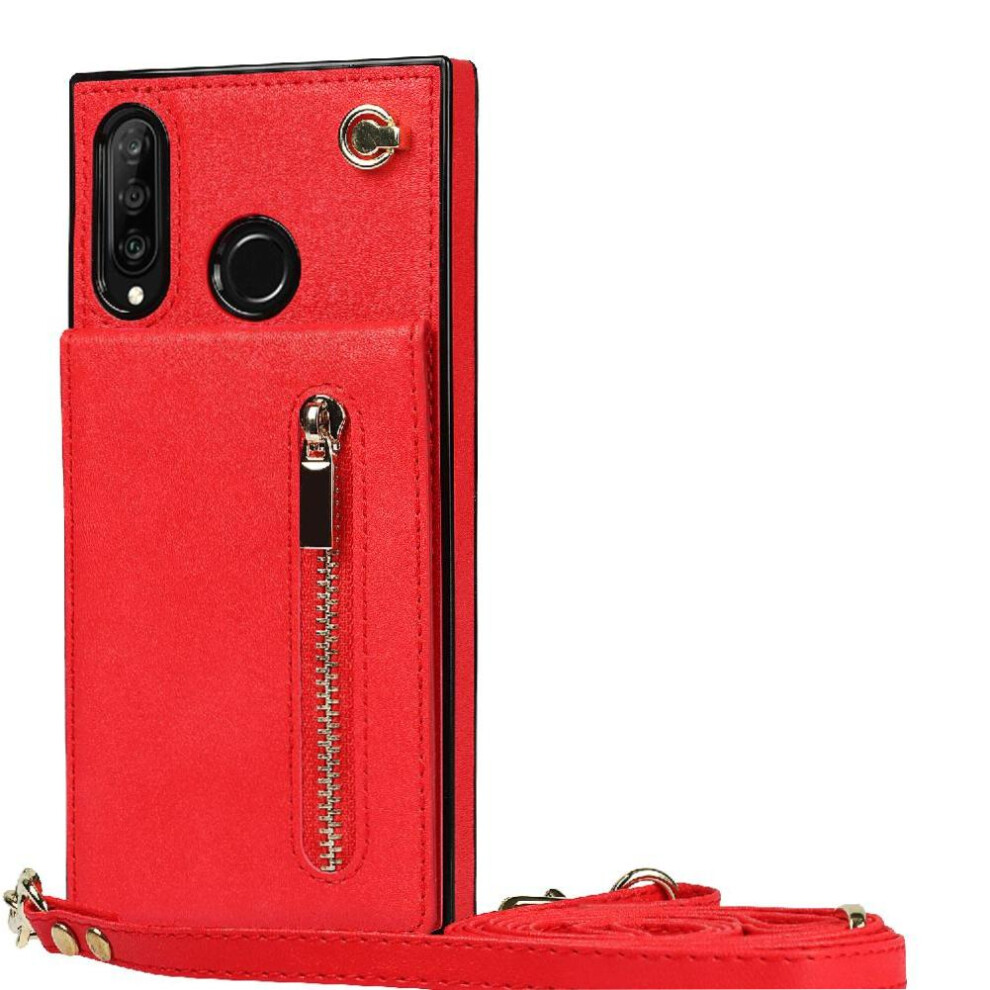 (Red) Case For Huawei P30 Lite Long Strap Holder Zipper Shockproof Wallet Red 764549445356