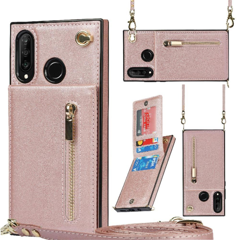(Pink) Case For Huawei P30 Lite Long Strap Holder Zipper Shockproof Wallet Pink 764549445370