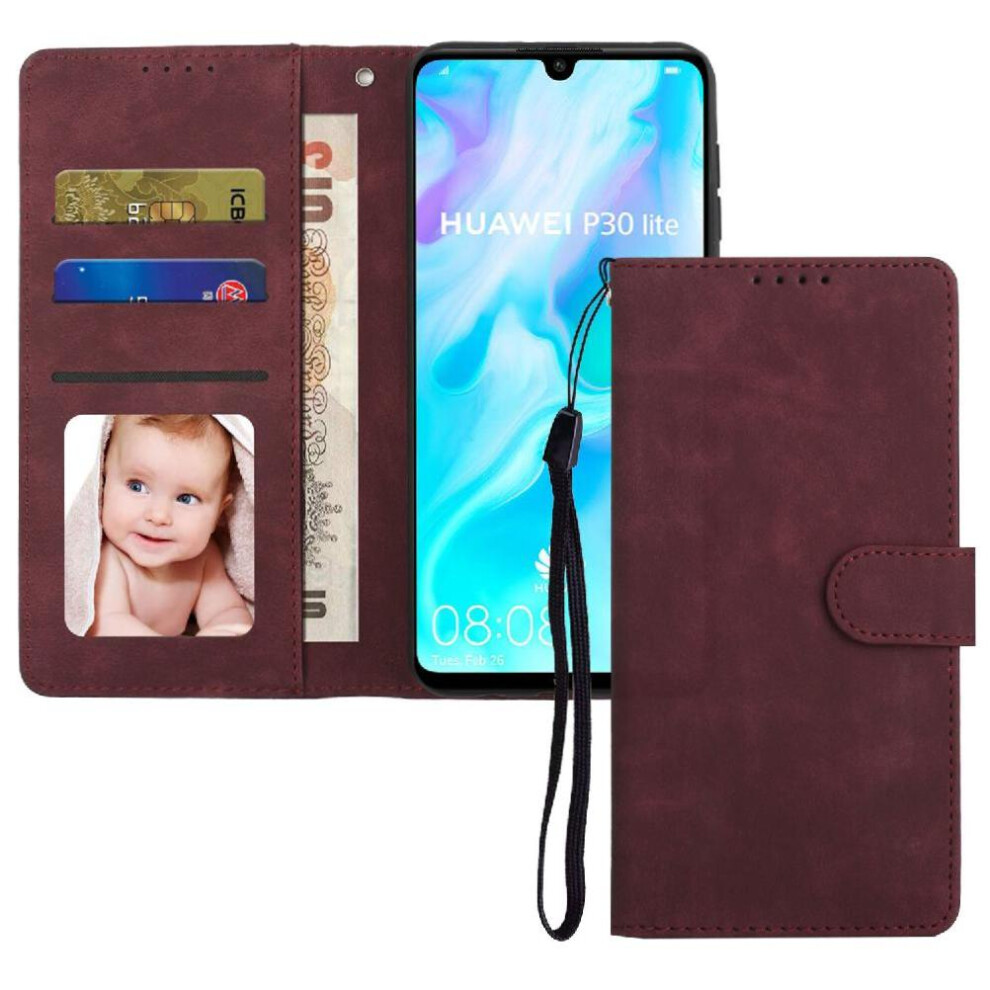 (Red) Flip Case For Huawei P30 Lite Wallet Flip Premium Shockproof Red 764549446360