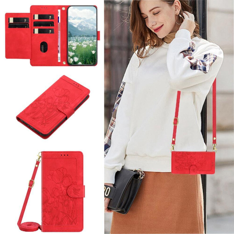 (Red) Fashion Wallet Case For Sony Xperia 10 Vi Tulip Embossed Flip Case Pu Leather Magnetic Closure Kickstand Crossbody And Wrist Strap Red 764549446735
