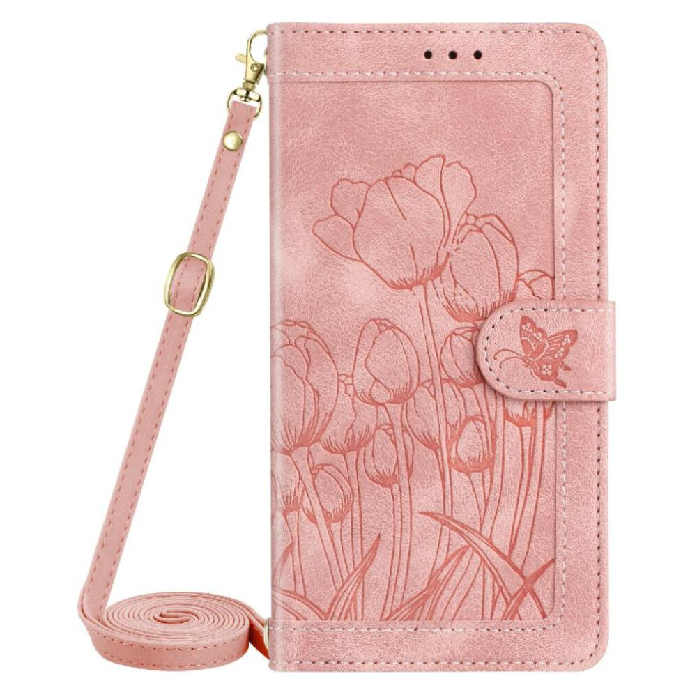 (Pink) Fashion Wallet Case For Sony Xperia 10 Vi Tulip Embossed Flip Case Pu Leather Magnetic Closure Kickstand Crossbody And Wrist Strap Pink 764549446704
