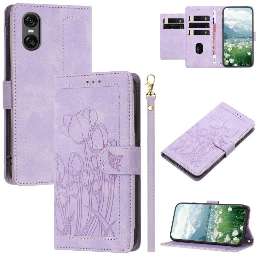 ( Violet) Fashion Wallet Case For Sony Xperia 10 Vi Tulip Embossed Flip Case Pu Leather Magnetic Closure Kickstand Crossbody And Wrist Strap Light 764549446728