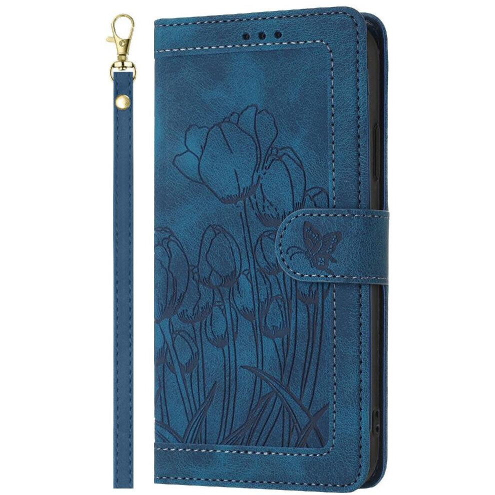 (Blue) Wallet Case For Sony Xperia 10 Vi Pu Leather Kickstand Tulip Embossed Flip Case Magnetic Closure Wrist Strap Blue 764549446940