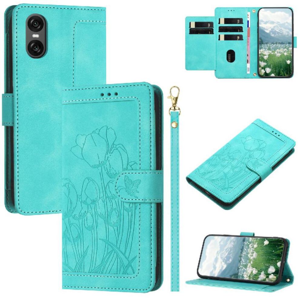 (Green) Wallet Case For Sony Xperia 10 Vi Pu Leather Kickstand Tulip Embossed Flip Case Magnetic Closure Wrist Strap Green 764549446919