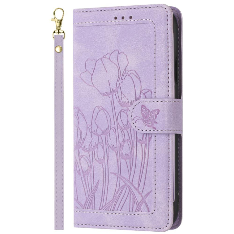 ( Violet) Wallet Case For Sony Xperia 10 Vi Pu Leather Kickstand Tulip Embossed Flip Case Magnetic Closure Wrist Strap Light 764549446926