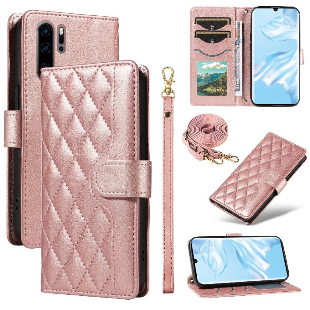 (Pink) Flip Case For Huawei P30 Pro Detachable Wrist Strap And Long Lanyard Wallet Card Slots Lattice Flip Folio Phone Case With Stand Pink 764549448029